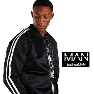 BoohooMan Black Satin Bomber Jacket with Side Stripes